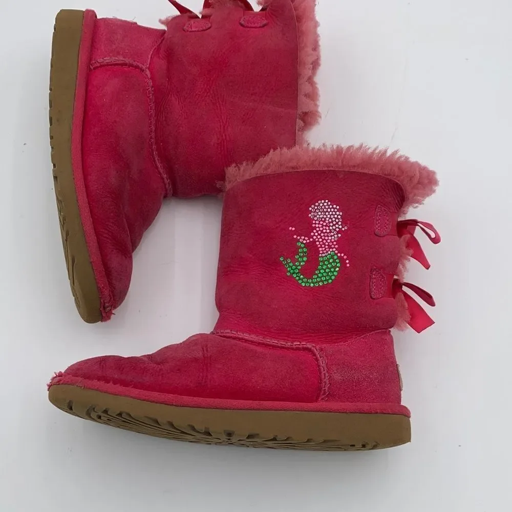UGG bright pink double Bailey Bow girls size 2 with added gemstone mermaid